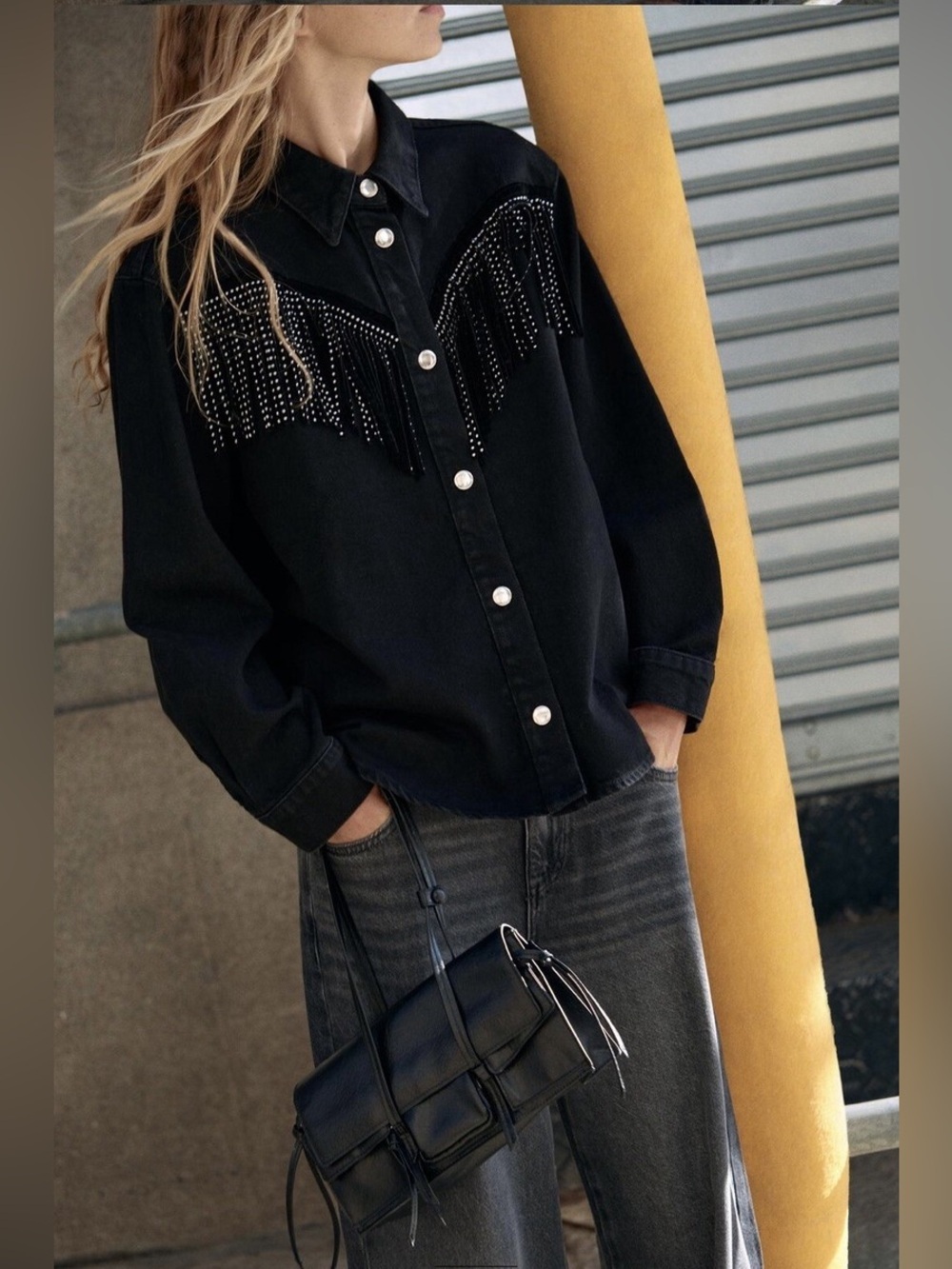 Zara Black Denim Studded Fringe Western Jacket XS Shacket